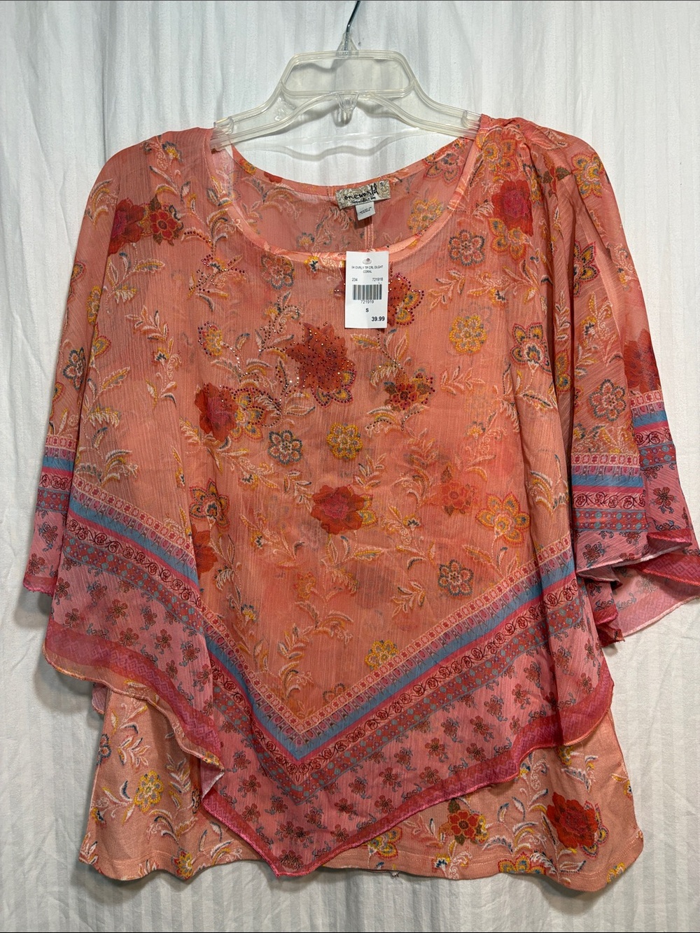 ONE WORLD Coral Pink Floral Boho Blouse